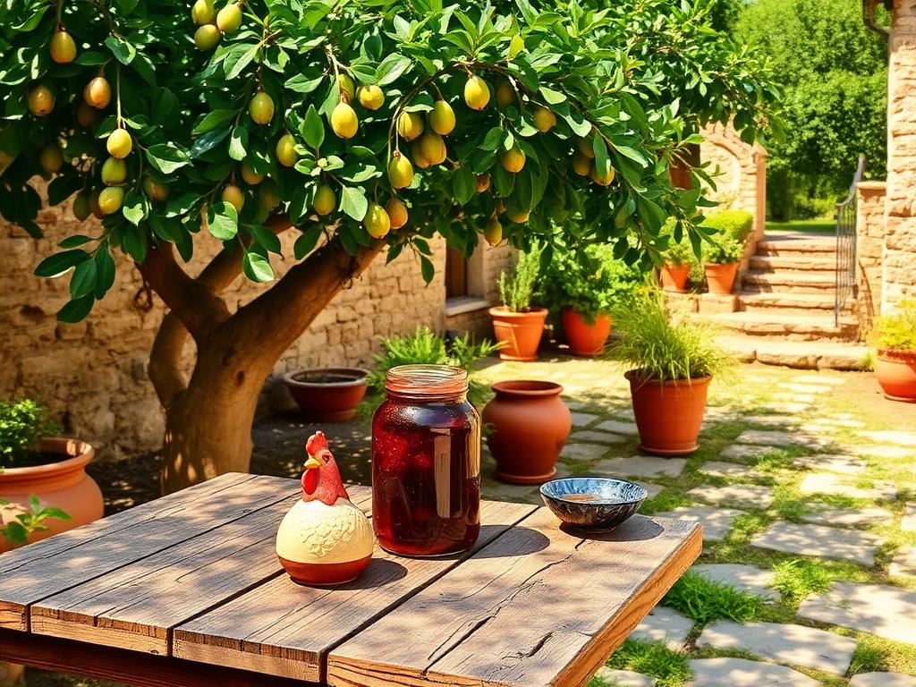 Garden with fig tree and homemade jam